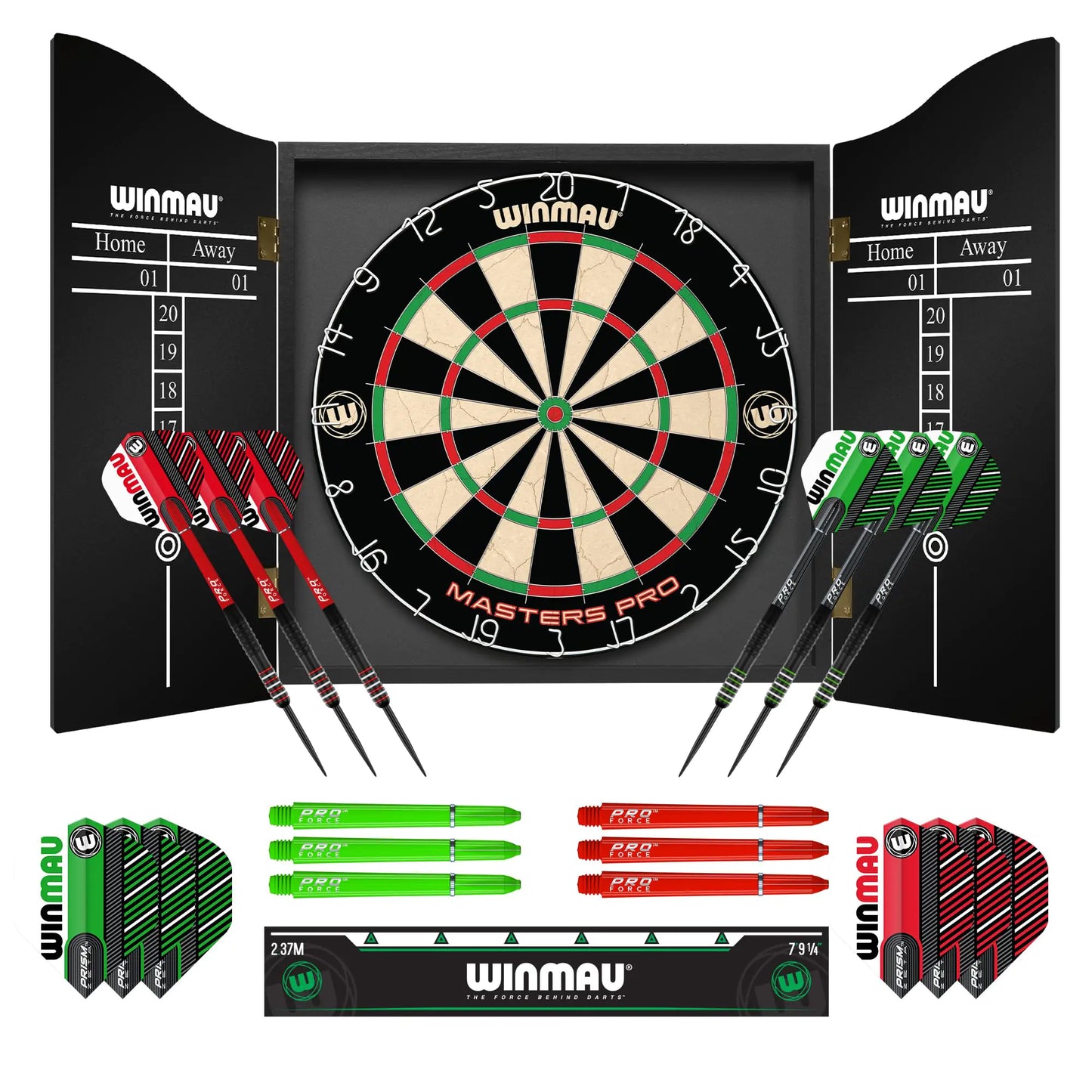 Winmau Darts - Masters Pro Premium Bristle Dartboard and Cabinet Set - Includes Dart Board Cabinet Darts Flights Shafts and Oche Strip - Professional Steel Tip Dartboard Set for Adults