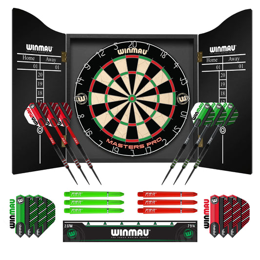 Winmau Darts - Masters Pro Premium Bristle Dartboard and Cabinet Set - Includes Dart Board Cabinet Darts Flights Shafts and Oche Strip - Professional Steel Tip Dartboard Set for Adults