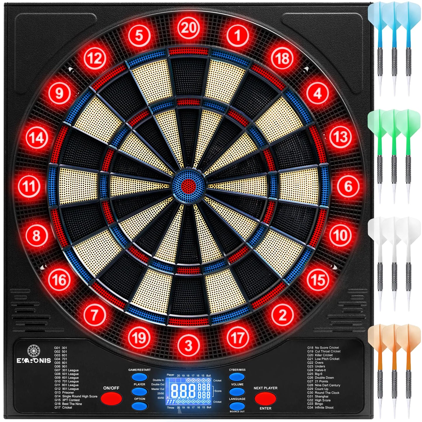 Ekaronis Electronic Dartboard 34 Games 355 Variations with 12 Darts Illuminated Dartboard Dart Storage for 12 Darts Green