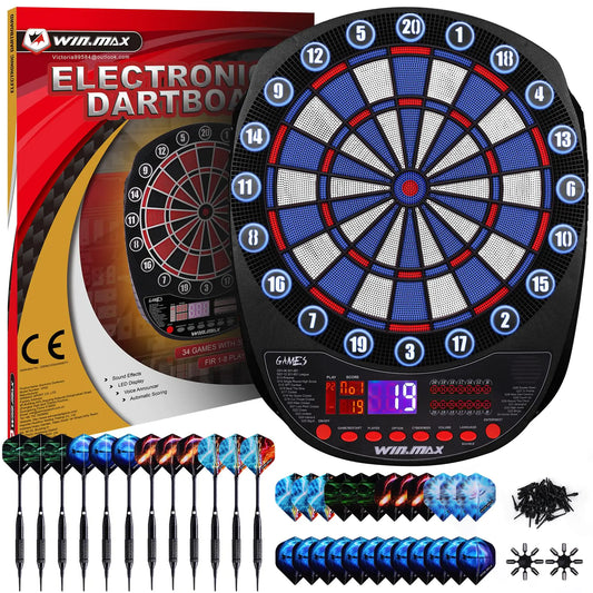WIN.MAX Electronic Dart Board Soft Tip Dartboard Set LED Displays 3 Languges with 12 Darts 100 Tips Power Adapter