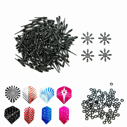 ROOBEEO 2BA 2BA Thread Plastic Dart Points Set 200 Pack Soft Dart Tips 24 Dart Flights 100 Non-Slip Rubber Rings 4 Flight Protectors Replacement Dart Accessories