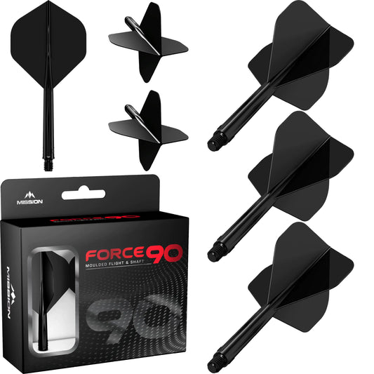 Mission Darts Force 90 | Integrated Precision Moulded Dart Flight And Shaft System Pack of 3 Professional Durable 2-In-1 Combined Dart Flights And Stems | Standard No.2 (Black Tweenie)