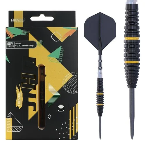 CUESOUL JIHO S2 Steel Tip Dart Set, 90% Tungsten, Torpedo Shape, Black Titanium Coated, Black ROST T19 Flight, 21g