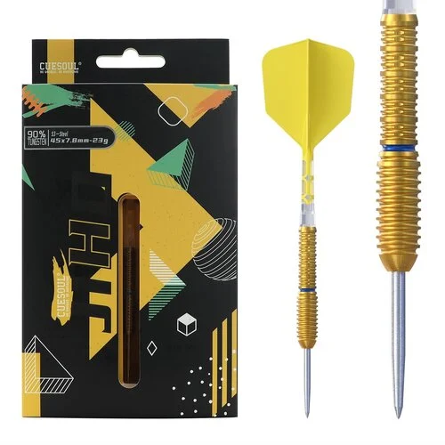 CUESOUL JIHO S3 Steel Tip Dart Set, 90% Tungsten, Front load Shape, Gold Titanium Coated, Yellow ROST T19 Flight, 23g