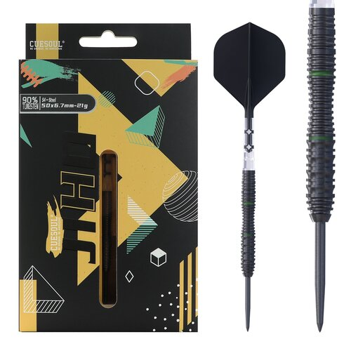 CUESOUL JIHO S4 Steel Tip Dart Set, 90% Tungsten, Slim Shape, Black Titanium Coated, Black ROST T19 Flight, 21g