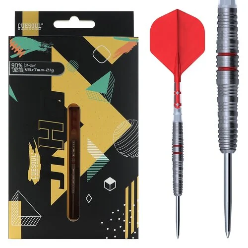 CUESOUL JIHO S7 Steel Tip Dart Set, 90% Tungsten, Bullet Shape, Plain, Red ROST T19 Flight, 21g