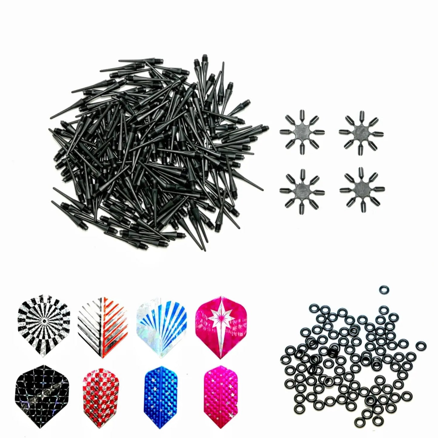 ROOBEEO 2BA 2BA Thread Plastic Dart Points Set 200 Pack Soft Dart Tips 24 Dart Flights 100 Non-Slip Rubber Rings 4 Flight Protectors Replacement Dart Accessories